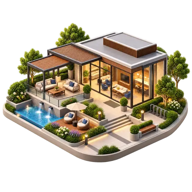 Embassy Millennium community clubhouse with gathering pavilion, outdoor seating and landscaped edges